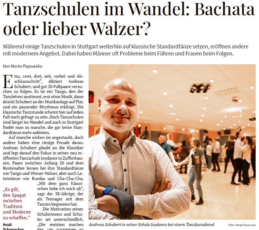 Die Stuttgarter Zeitung Berichtet über Die Neueröffnung Der Tanzschule Joydance In Stuttgart Zuffenhausen.